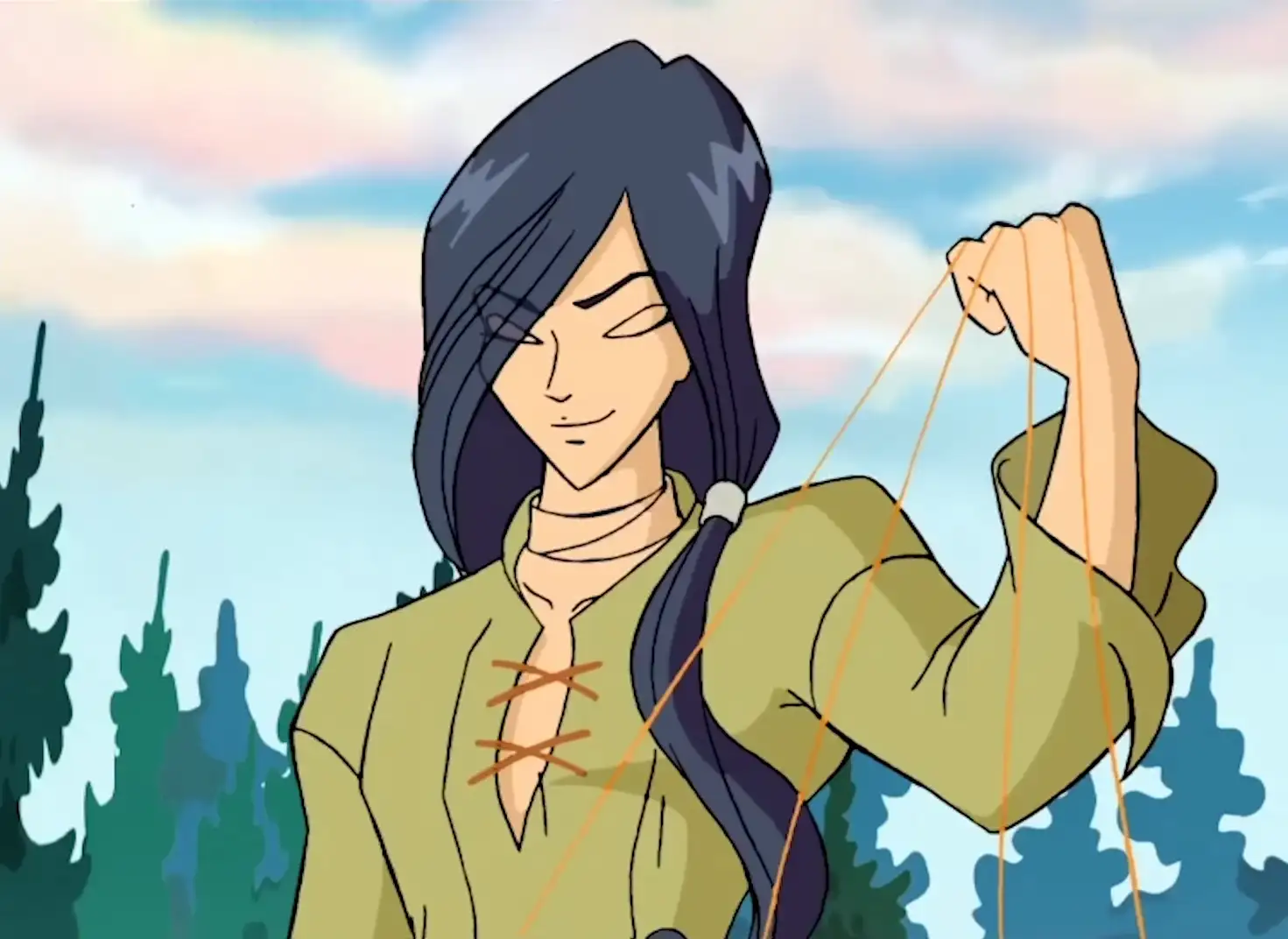 Image of Helia from season 2 of Winx Club. It shows his face and torso. He is smirking and shooting strings from his kunckles.