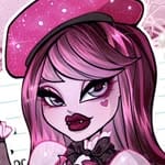 Image of Jelliemia's avatar shown from the shoulders up. It is a drawing of a vampire girl with pink skin, heart symbol under her eye, and long hair with a fringe. Her hair colour is a gradient from almost white around her face to dark purple. She's wearing a pink beret which has white glitter on it.