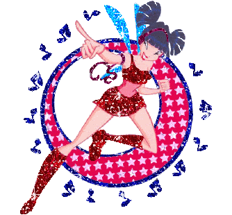 Animated GIF of Musa in her Magic Winx form and her clothes are animated to sparkle. Behind her is a shape filled with a pattern of white stars on a red background. Around the shape are blue animated sparkly musical notes.