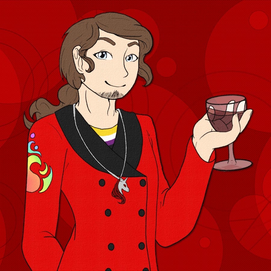 Image of Thomas Vaccaro's (a. k. a.Unicorn of War) avatar. It is a drawing of a person with long brown hair in a red suit with a black collar and a shirt undrneath that has the non-binary flag on it. The avatar is wearing a silver chain with a unicorn pednant on it, and they're holding a glass of wine.