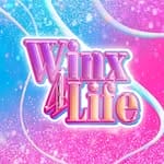 Multi-coloured logo reading 'Winx4Life'. The colours are inspired by the new Winx Club reboot logo. The text is beveled and has a white outline. It is positioned on a multi-coloured background with white swirly lines.